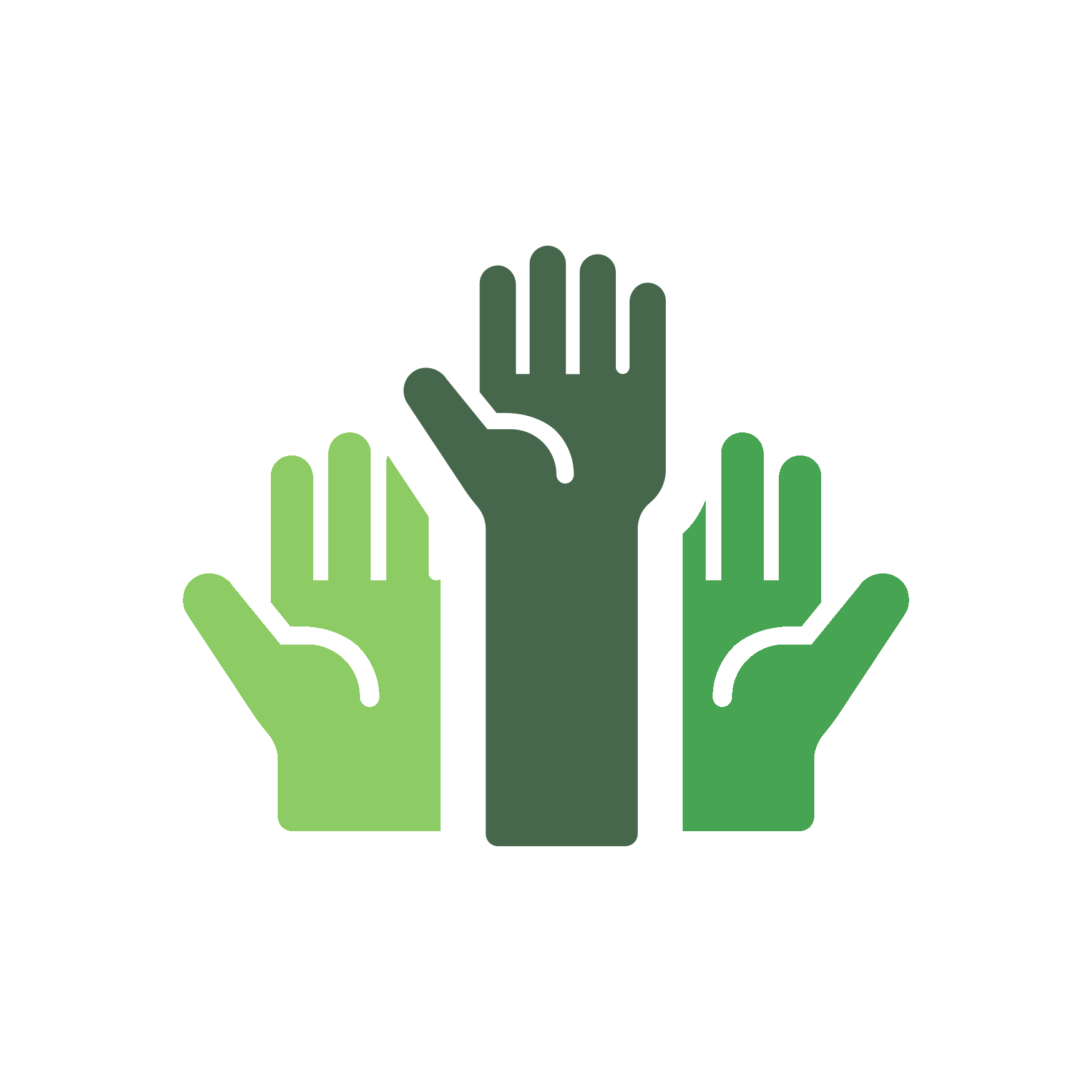 Graphic of three raised hands in varying shades of green representing community support and volunteering for bile duct cancer.