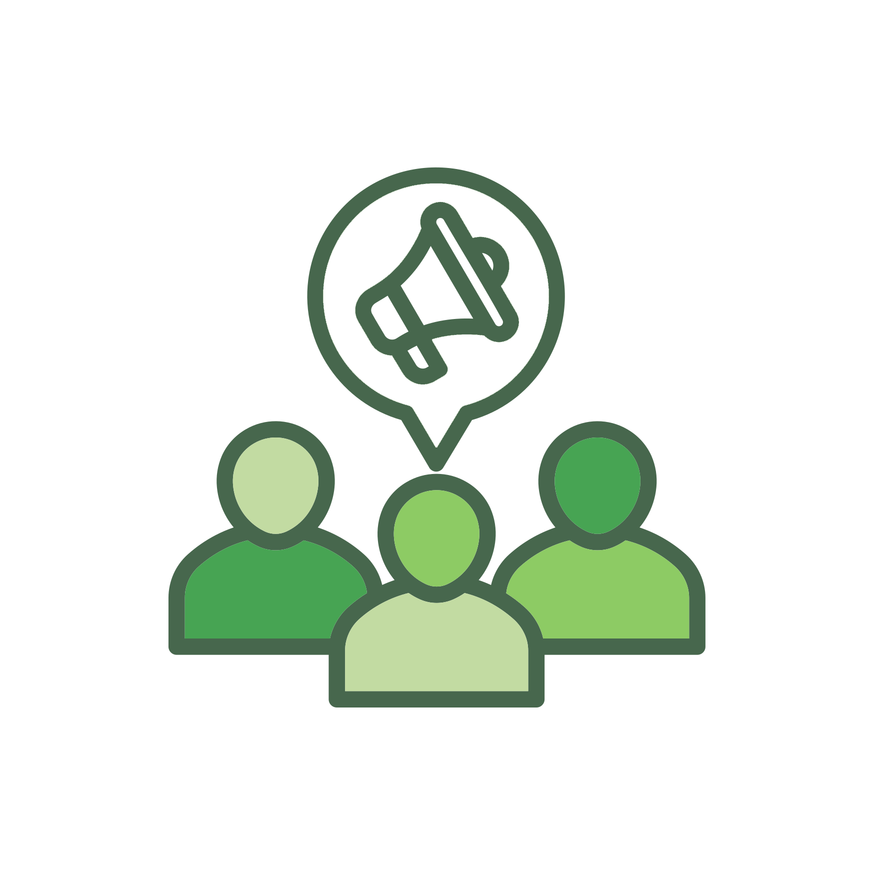 Illustration of three green-toned people with a speech bubble containing a megaphone, representing advocacy for bile duct cancer.